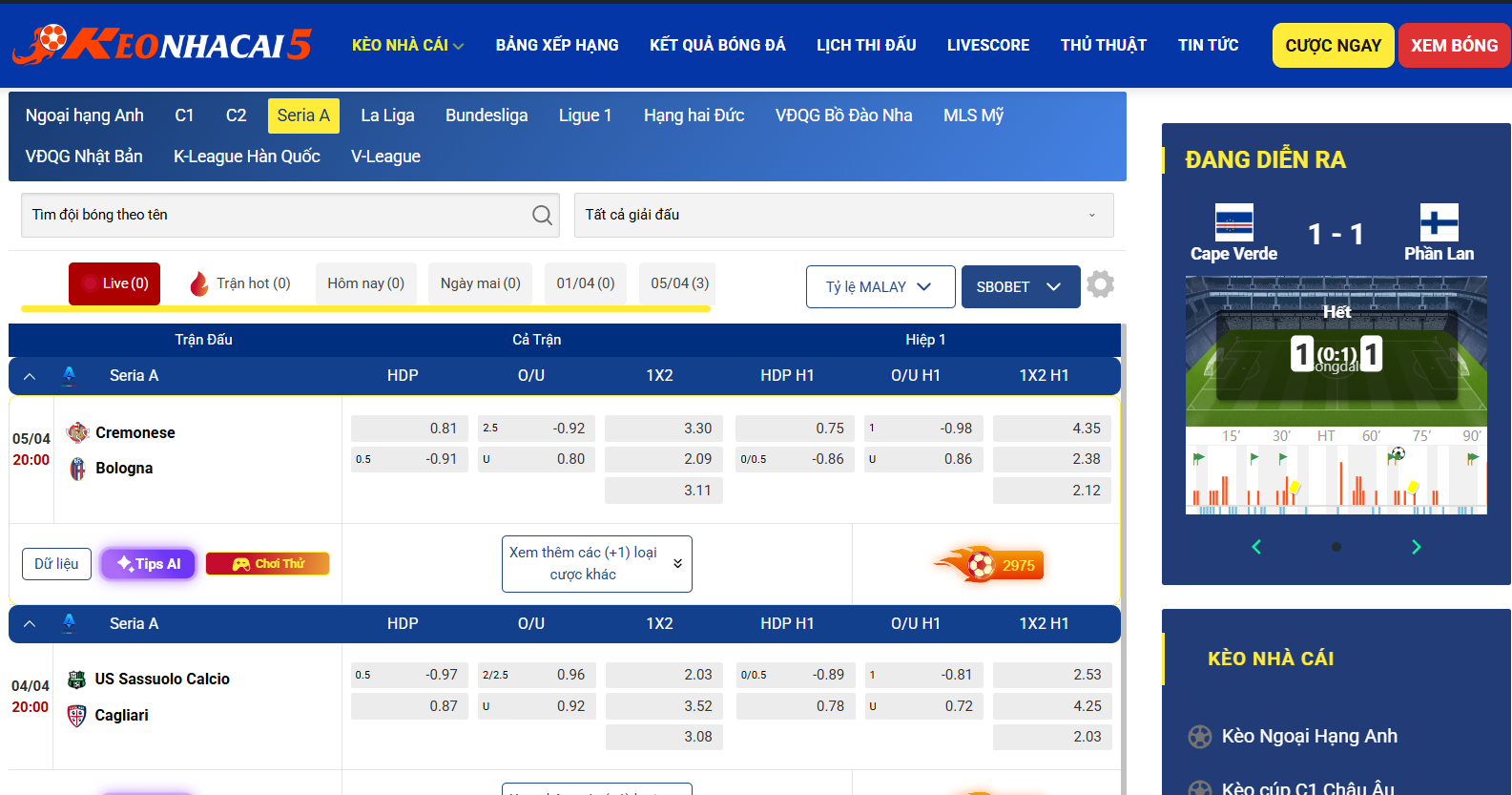 Đa dạng tỷ lệ kèo nhà cái được cập nhật sẵn sàng
